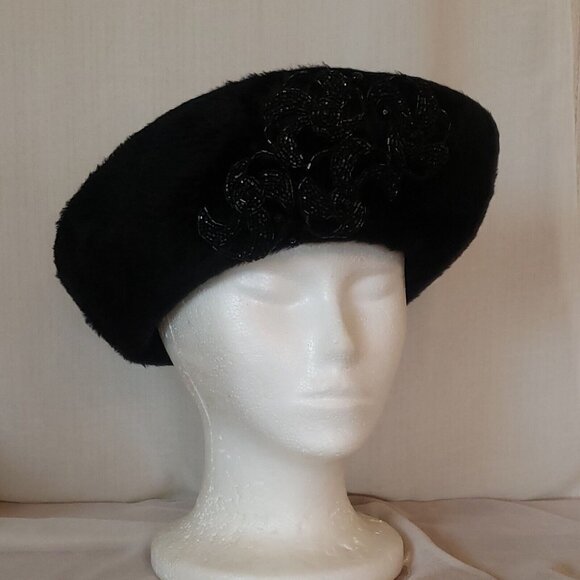 Faux Fur Hat 50s Beaded Bedazzled Cossack Black Size 22 Martelle of West Germany - Picture 11 of 11